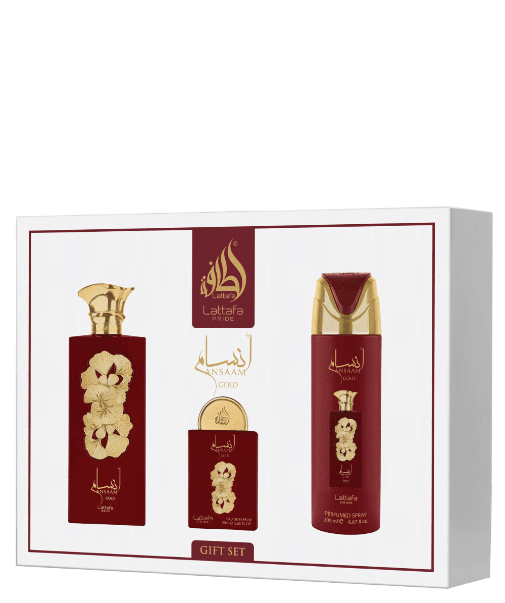 Coffret cadeauA nsaam gold (3pièces) – Coffret composé de 3 produits : Eau de parfum 100 ml Une eau de parfum 20 ml Un désodorisant 200 ml