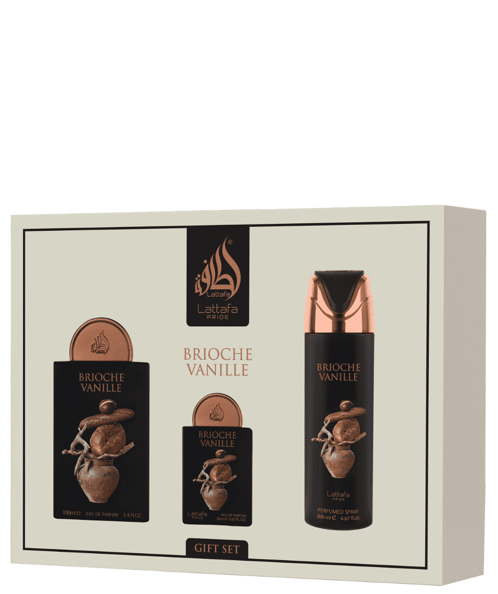 Coffret cadeau Brioche Vanille (3pièces) – Coffret composé de 3 produits : Eau de parfum 100 ml Une eau de parfum 20 ml Un désodorisant 200 ml