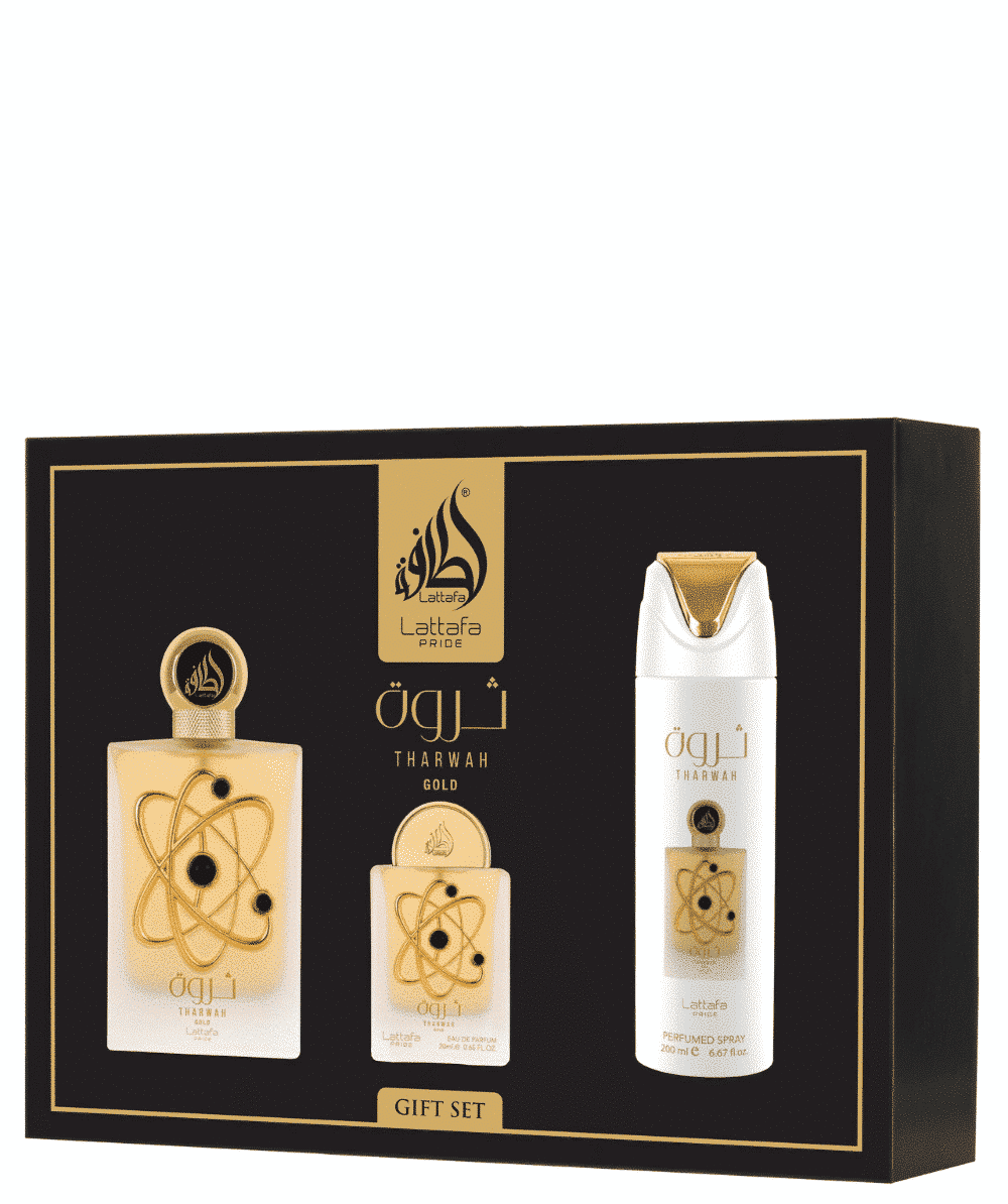 Coffret cadeau Tharwah Gold (3pièces) – Coffret composé de 3 produits : Eau de parfum 100 ml Une eau de parfum 20 ml Un désodorisant 200 ml